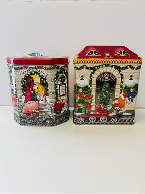 M&M's Lot of 2 Vintage Christmas Village Holiday Tins M&M's Bank & Train Depot